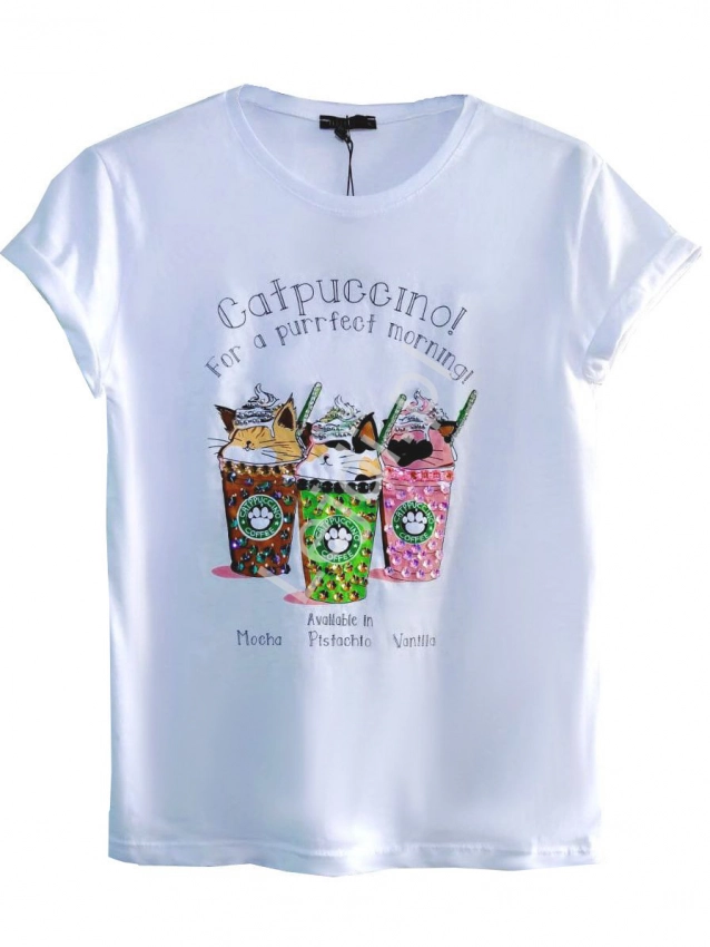 Bawełniany T shirt damski z kryształkami i cekinami, Catpuccino 