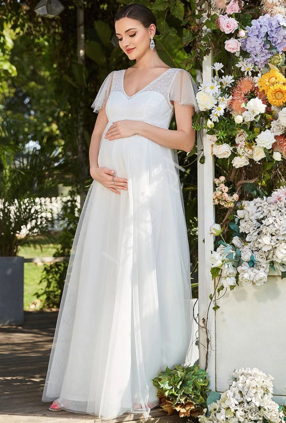 Biała ślubna sukienka ciążowa z cekinowym zdobieniem 0137