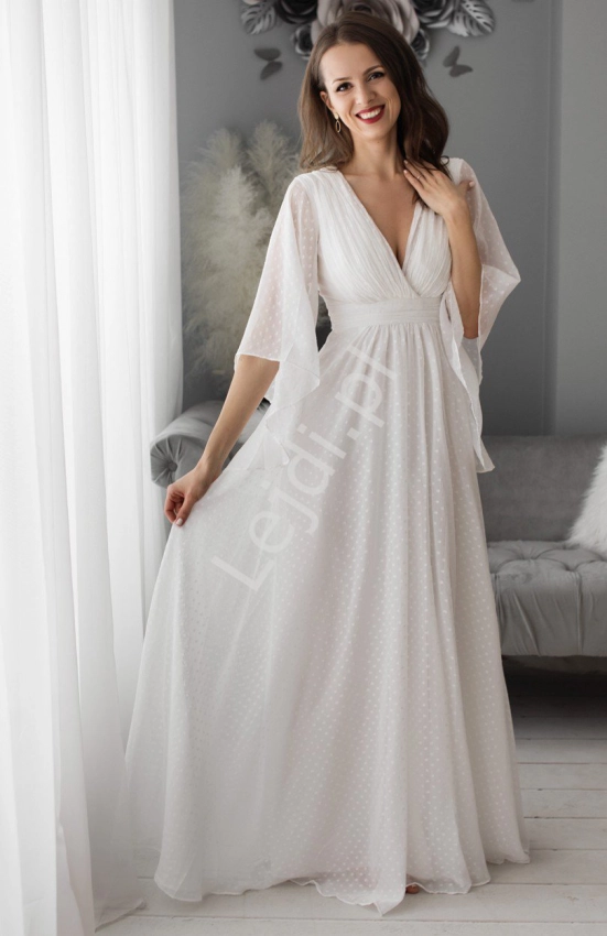Biała sukienka ślubna w groszki z luźnym rękawem 1417