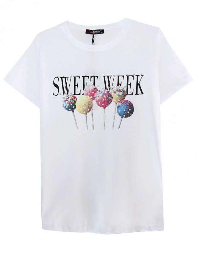 Biały t-shirt damski z lizakami z kryształkami i koralikami