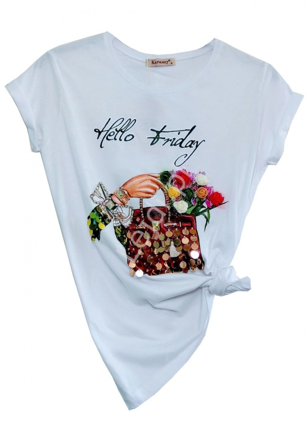 Biały T-shirt z cekinami i kwiatami 3D z napisem Hello Friday 