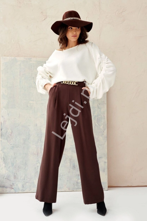 Brązowe spodnie damskie z szerokimi nogawkami i z wysoką talią z łańcuchem 0011