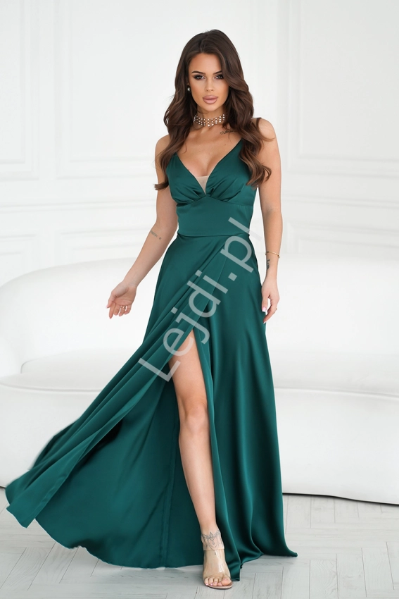 Butelkowo zielona sukienka z satyny, długa sukienka na wesele, na studniówkę HB282