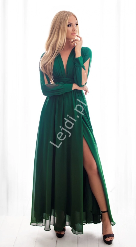Butelkowo zielona wyrafinowana suknia wieczorowa 1378