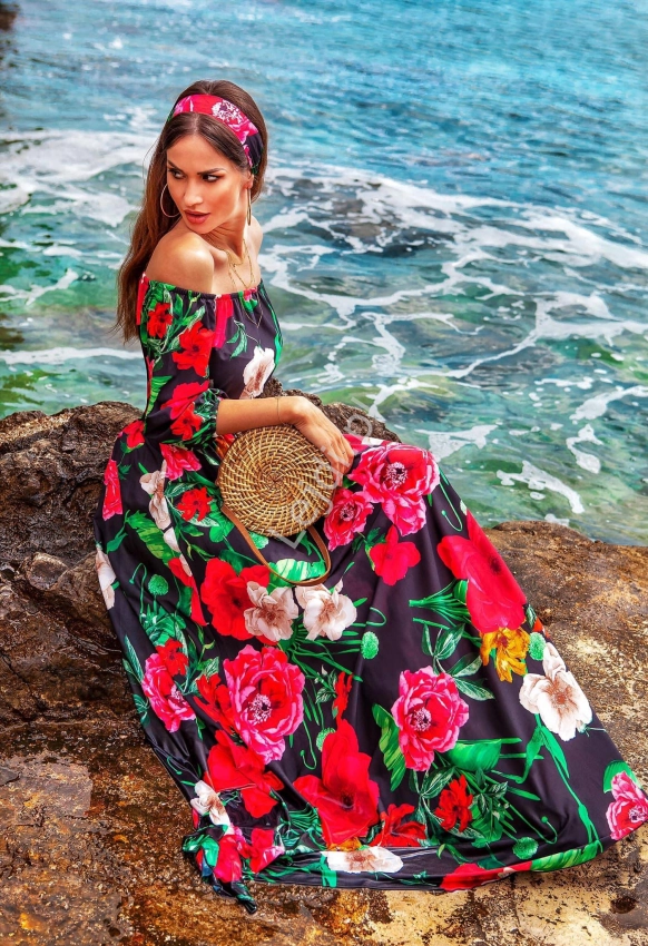 Czarna suknia Hiszpanka w kolorowe kwiaty, Klara