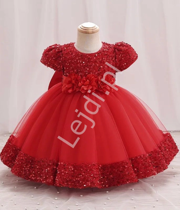 Czerwona krótka sukienka wieczorowa dla dziewczynki z cekinami i kwiatkami  święta, Boże Narodzenie153