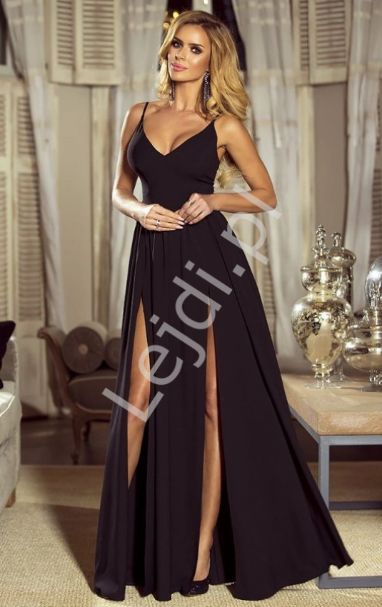 Elegancka długa sukienka czarna z rozporkiem na nodze, Nina