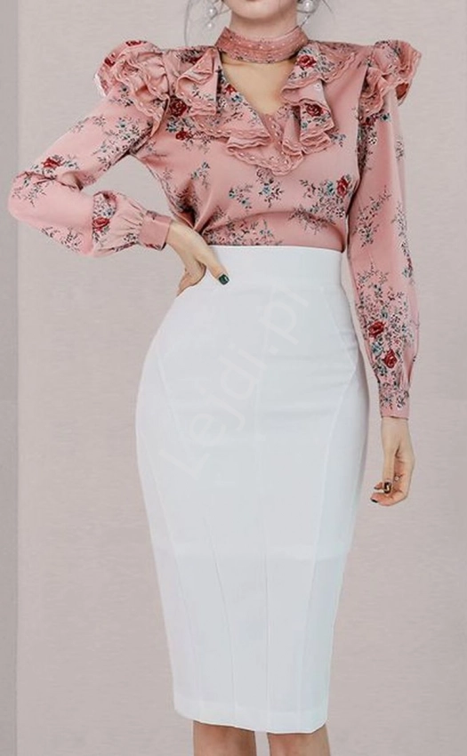 Elegancki komplet damski 2w1, kwiatowa koszula i biała spódnica ołówkowa 0366
