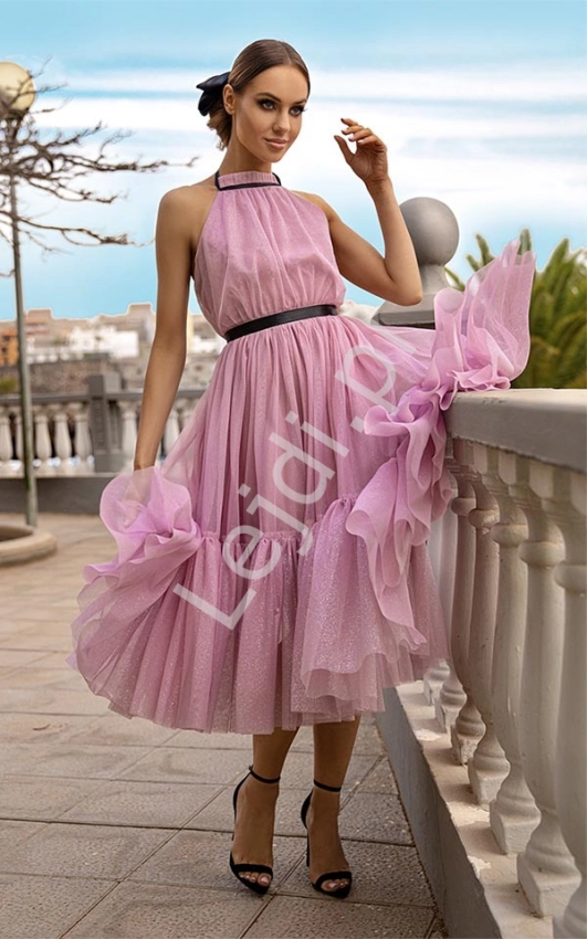 Fenomenalna sukienka tiulowa w kolorze pustynnego różu z brokatem, Lara