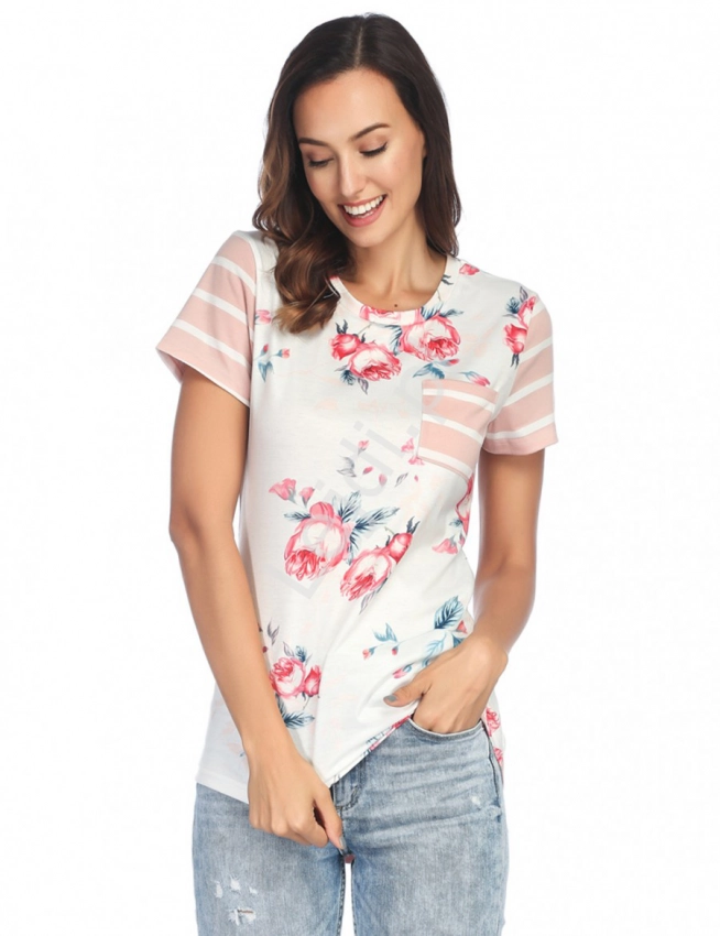 Koszulka damska w kwiaty z paskami na plecach różowo białymi 0066