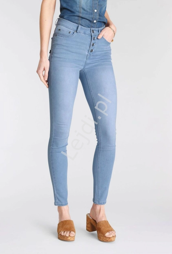 Niebieskie damskie jeansy z wysoką talią, elastyczne jeansy z guzikami, Arizona 2606