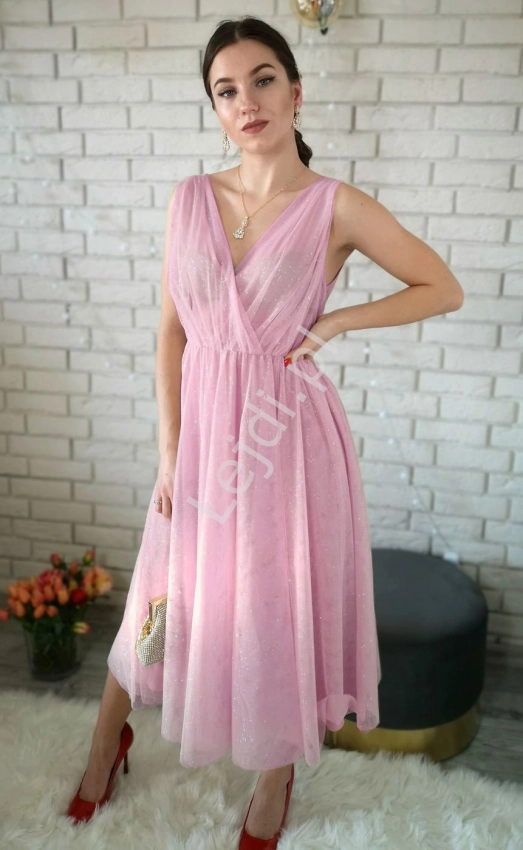 Pustynno różowa tiulowa sukienka wieczorowa z brokatem, Suzana EMO