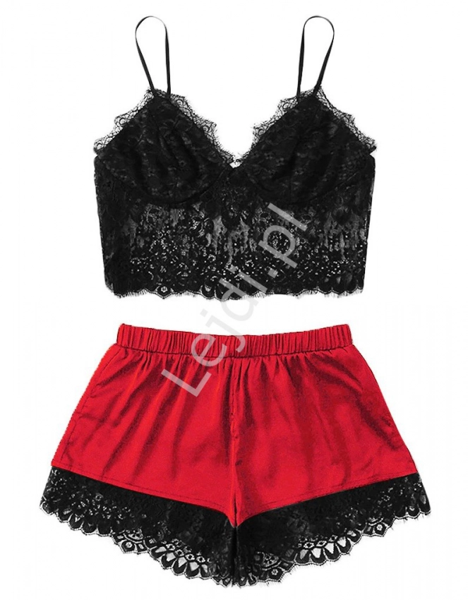 Seksowna piżamka damska, koronkowy top i czerwone szorty 0101