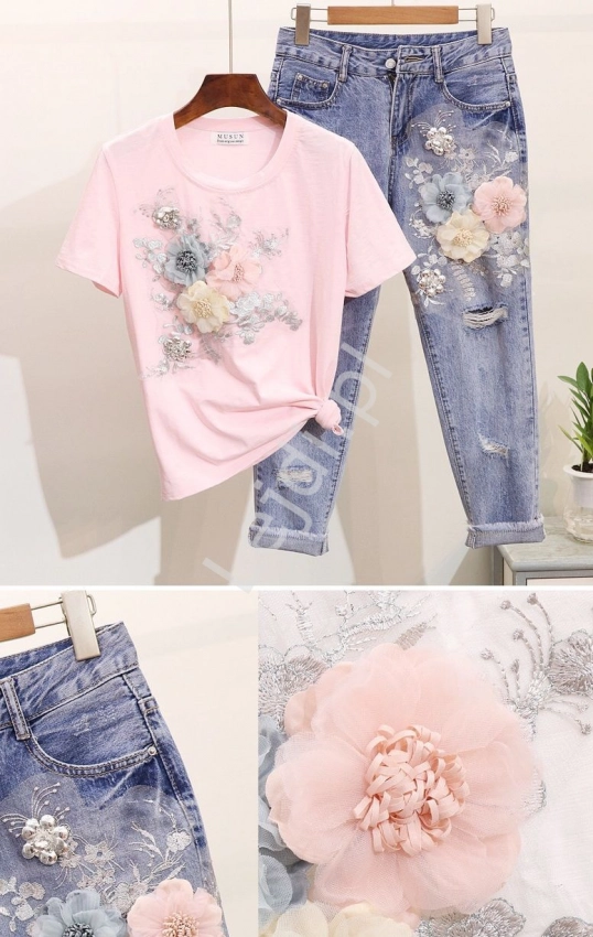 Zestaw 2- częściowy jeansy damskie z kwiatami i t-shirt z kwiatami