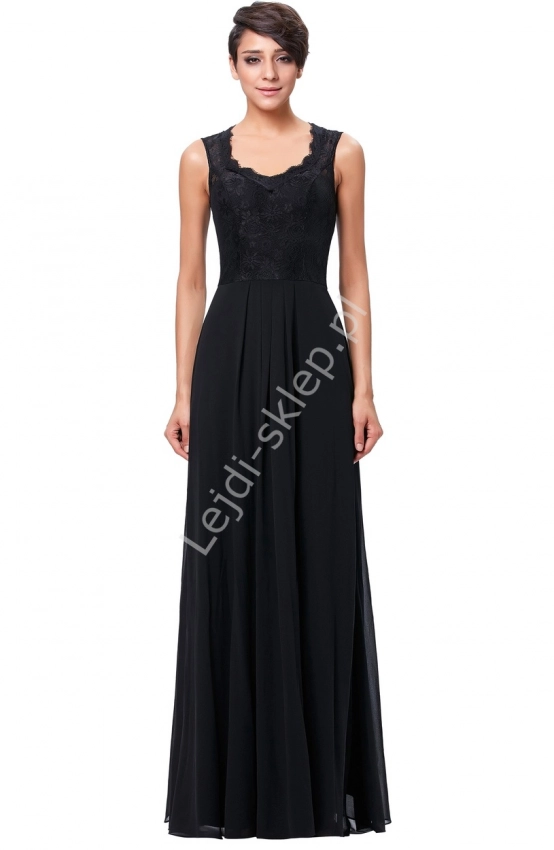 Czarna szyfonowa skromna  suknia z koronką 
