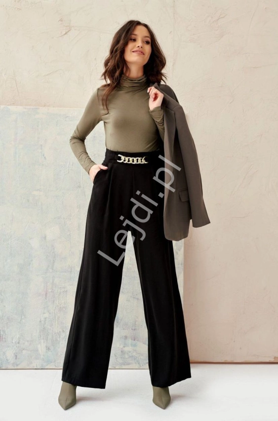 Czarne spodnie damskie z wysoką talią z łańcuchem, eleganckie spodnie z szerokimi nogawkami 0011