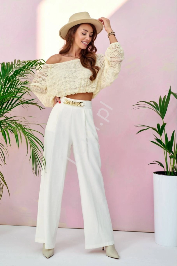 Eleganckie spodnie damskie, białe spodnie z szerokimi nogawkami i wysokim stanem z łańcuchem 0011