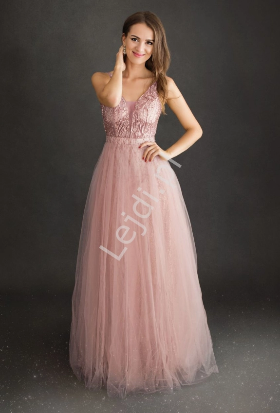 Jasnoróżowa sukienka wieczorowa tiulowa z górą zdobioną koronką i perełkami 2217