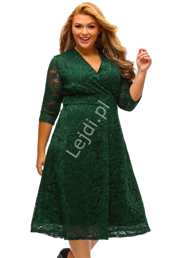 Koronkowa ciemno zielona sukienka Plus Size, zielona 442