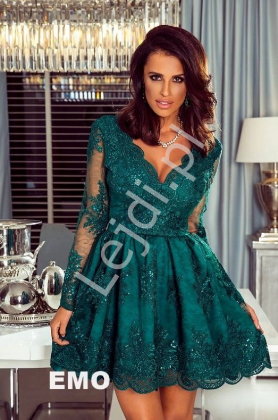 Koronkowa elegancka rozkloszowana sukienka butelkowa zieleń - Amelia 