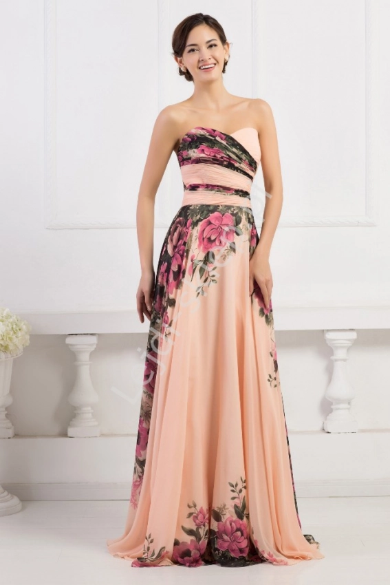 Kwiatowa długa suknia dekolt serduszko | kwiatowa elegancka na wesele, studniówki
