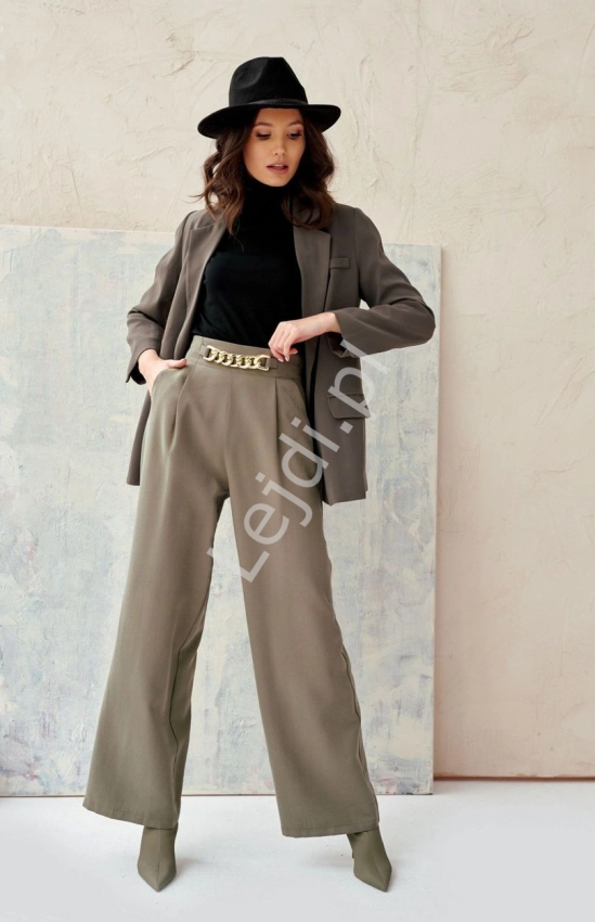 Modne spodnie damskie z wysoką talią, eleganckie spodnie z szerokimi nogawkami w kolorze khaki 0011