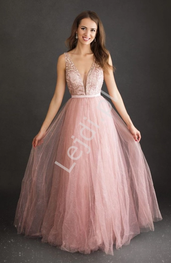Pudrowo różowa sukienka na wesele, bal z brokatem 2212