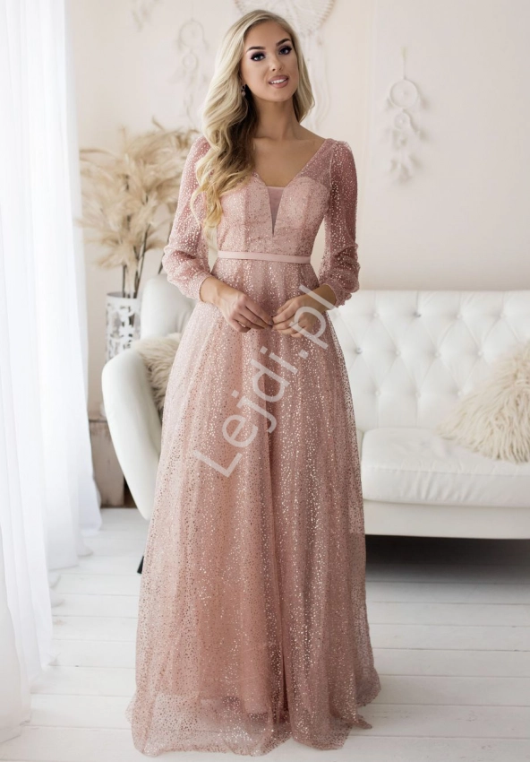 Różowa wieczorowa suknia borkatowa z długim rękawem 2254