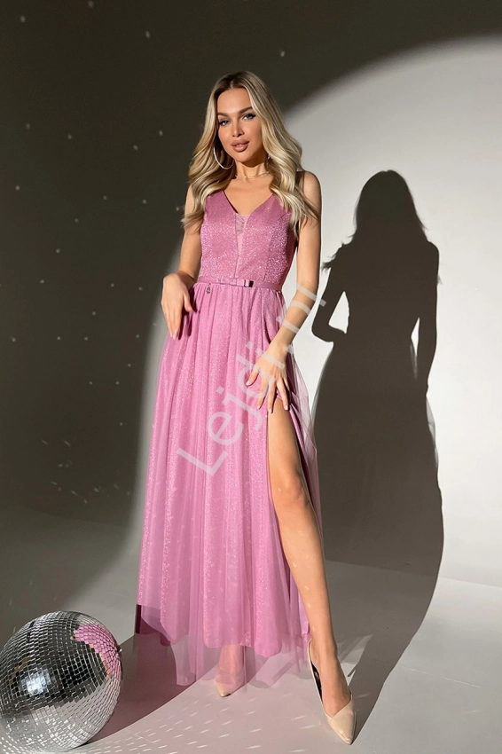 Tiulowa sukienka wieczorowa w kolorze wrzosowym z brokatem HB273