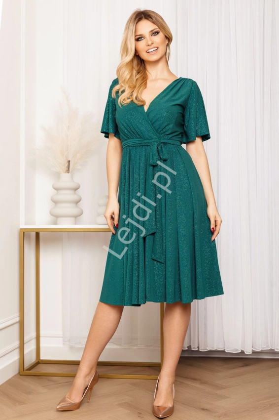 Zielona brokatowa sukienka z krótkim rękawem, wyszczuplająca sukienka Midi Bella