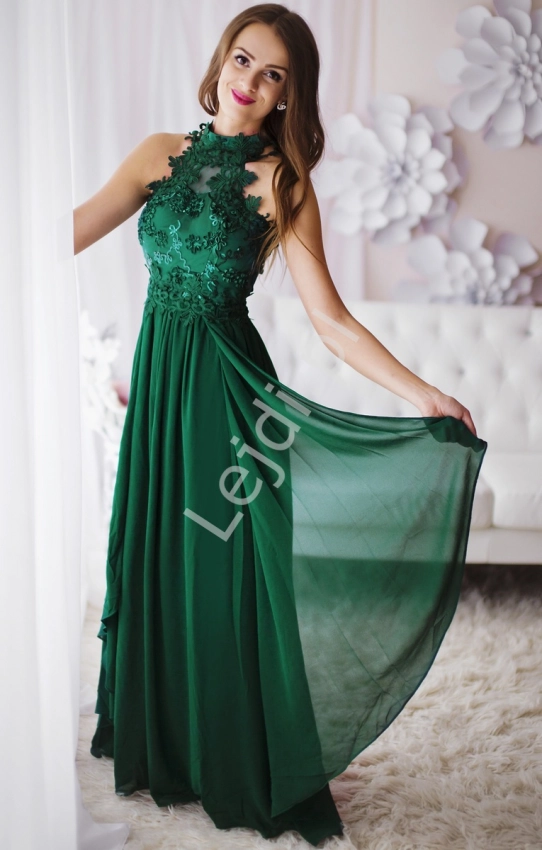 Zielona długa suknia wieczorowa z kwiatami 3D