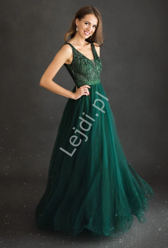 Zielona sukienka wieczorowa tiulowa z górą zdobioną koronką i perełkami 2217