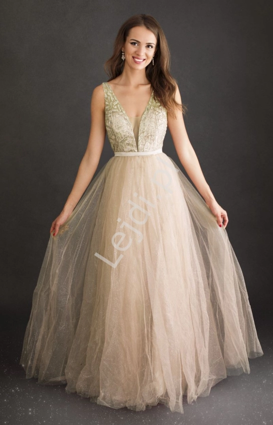 Złota sukienka na wesele, bal z brokatem 2212