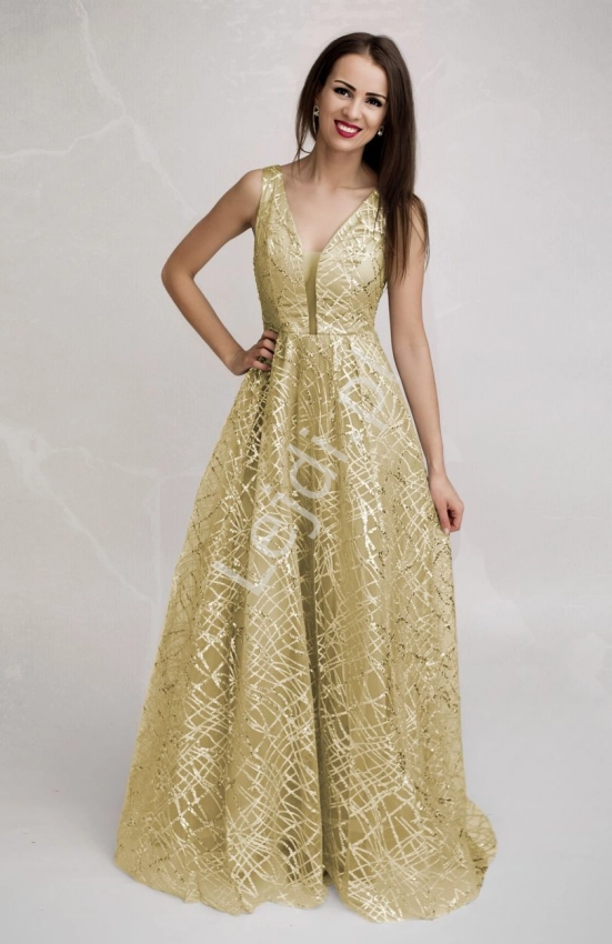 Złota sukienka wieczorowa w brokatowo cekinowy wzór 177